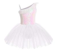 Odizli Vestido de ballet para niñas de un hombro con lentejuelas brillantes, tutú de tul, vestido de bailarina, Blanco, 7-8 años