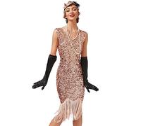 Odizli Vestido de mujer vintage con lentejuelas brillantes de los años 20 con flecos, sexy, sin mangas, cuello en V, boda, fiesta, cóctel, Rosa., XS