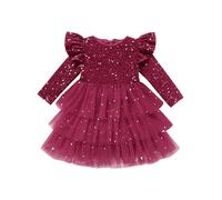 Odizli Vestido de niña bebé para otoño e invierno, de manga larga, de terciopelo, con lentejuelas y lentejuelas, vestido de princesa de tul, para Navidad y fiestas, borgoña, 9-12 meses