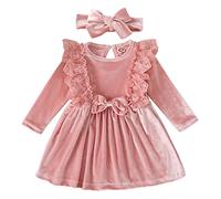 ODIZLI Vestido de niña de manga larga de encaje de princesa de terciopelo + cinta para la cabeza, boda, festivo, otoño e invierno, Rosa. 6-9 Meses