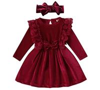 ODIZLI Vestido de niña de manga larga de encaje de princesa de terciopelo + cinta para la cabeza, boda, festivo, otoño e invierno, borgoña, 12-18 Meses
