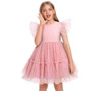 Odizli Vestido de niña de verano con destellos, arcoíris, estrellas, princesa, línea A, de tul, vestido festivo, de boda, corto, de cóctel, rosa claro, 7-8 años
