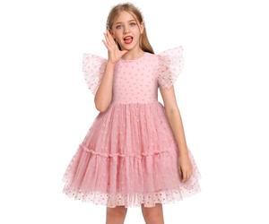 Odizli Vestido de niña de verano con destellos, arcoíris, estrellas, princesa, línea A, de tul, vestido festivo, de boda, corto, de cóctel, rosa claro, 7-8 años
