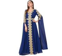 Odizli Vestido de noche largo con cuello en V, diseño árabe Dubai musulmán elegante con bordado de flores y diamantes de imitación, azul oscuro, M