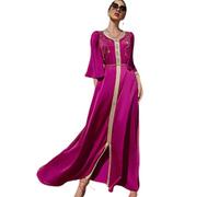 Odizli Vestido de noche largo con cuello en V, diseño árabe Dubai musulmán elegante con bordado de flores y diamantes de imitación, rojo, rosa, XXL