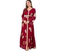 Odizli Vestido de noche largo con cuello en V, diseño árabe Dubai musulmán elegante con bordado de flores y diamantes de imitación, rojo, XXL