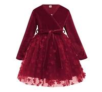 Odizli Vestido de terciopelo para niña, otoño, invierno, terciopelo, manga larga, cuello en V, 3D, flores, malla, tutú, Navidad, vestidos, borgoña, 11-12 Años