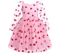 Odizli Vestido de tul para niña de malla de manga larga con purpurina, línea A, vestido de tul para boda, cumpleaños, hasta la rodilla, Corazón rosa., 3-4 años