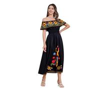 Odizli Vestido de verano largo para mujer, estilo bohemio, con hombros descubiertos, flores, líneas A, vestido maxi, Negro , XL