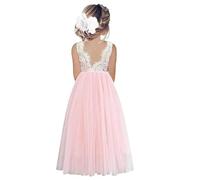 Odizli Vestido largo de noche para niña de flores, encaje sin espalda, línea A, vestido de tul para boda, primera comunión, fiesta, Rosa #A, 7-8 Años