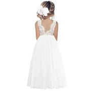 Odizli Vestido largo de noche para niña de flores, encaje sin espalda, línea A, vestido de tul para boda, primera comunión, fiesta, Blanco #A, 7-8 Años