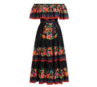 Odizli Vestido largo de verano para mujer con hombros descubiertos, estilo bohemio mexicano, floral, de línea A, maxi, negro/rojo, 3XL