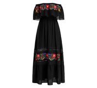 Odizli Vestido largo de verano para mujer, estilo bohemio mexicano, con bordado de flores, de encaje, Negro , L