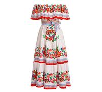 Odizli Vestido largo de verano para mujer, estilo bohemio mexicano, con flores, líneas, Blanco, XL