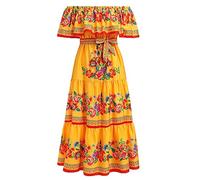 Odizli Vestido largo de verano para mujer, estilo bohemio mexicano, con flores, líneas, dorado, L