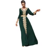 Odizli Vestido largo para mujer árabe de Dubai, elegante de manga larga con escote en V, flores, encaje, bordado, strass, vestido de noche musulmán, verde oscuro, S
