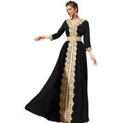Odizli Vestido largo para mujer árabe de Dubai, elegante de manga larga con escote en V, flores, encaje, bordado, strass, vestido de noche musulmán, Negro , L