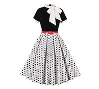 Odizli - Vestido Rockabilly para mujer años 50, vintage, de manga corta, con lunares, estampado floral, estilo Swing, por debajo de la rodilla, vestido de cóctel con cinturón, blanco y negro, M