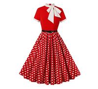 Odizli - Vestido Rockabilly para mujer años 50, vintage, de manga corta, con lunares, flores, estilo Swing, por debajo de la rodilla, vestido de cóctel con cinturón, rojo, S