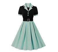 Odizli Vestidos Rockabilly Mujer Años 50 Vintage Audrey Hepburn Manga Corta Escote en V Lunares Swing Vestido de Cóctel, verde, XL