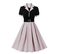 Odizli Vestidos Rockabilly Mujer Años 50 Vintage Audrey Hepburn Manga Corta Escote en V Polka Dot Swing Vestido de Cóctel, Rosa., L