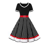 Odizli Vestidos Rockabilly para Mujer Años 50 Vintage Manga Corta Escote en V Lunares Swing Vestido de Cóctel Boda Festivo Hasta la Rodilla, Negro , 3XL