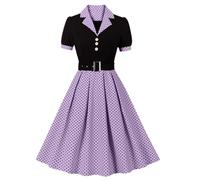 Odizli Vestidos Rockabilly para Mujer de los Años 50 Vintage Audrey Hepburn Manga Corta Escote en V Lunares Swing Vestido de Cóctel, morado, XXL