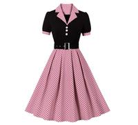 Odizli Vestidos Rockabilly para Mujer de los Años 50 Vintage Audrey Hepburn Manga Corta Escote en V de Lunares Swing Vestido de Cóctel, rojo, rosa, M