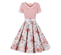 Odizli - Vestidos Rockabilly para mujer, estilo años 50, vintage, Audrey Hepburn, manga corta, cuello en V, de lunares, para swing, cóctel, Flor rosa., XXL