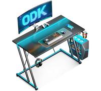 ODK 100 × 50 cm Mesa Gaming con Luces LED, Escritorio Gaming con Soporte para Taza y Gancho para Auriculares, Diseño Doble Z Mesa Mesa Ordenador Fibra de Carbono Negro