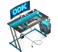 ODK 100 × 50 cm Mesa Gaming con Luces LED y Toma de Corriente, Escritorio Gaming con Soporte para Taza y Gancho para Auriculares, Diseño Doble Z Mesa Mesa Ordenador Fibra de Carbono Negro