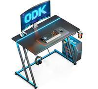 ODK 80 × 50 cm Mesa Gaming con Luces LED, Escritorio Gaming con Soporte para Taza y Gancho para Auriculares, Diseño Doble Z Mesa Mesa Ordenador Fibra de Carbono Negro