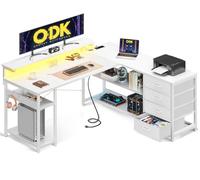ODK Escritorio con Cajones, 135×110 cm Escritorio Esquinero Reversible con 2 Enchufes y 2 Puertos USB, Mesa de Oficina en Forma de L con LED para Oficina en Casa, Blanco Puro