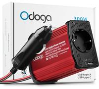 Odoga inversor 12v a 220v 300W para Coche, Convertidor con USB-C y USB-A - Adaptador Mechero Coche a Enchufe - Cargue Sus Dispositivos Electrónicos en Autocaravanas, Camper Furgoneta & Coche