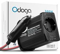 Odoga inversor 12v a 220v 300W para Coche, Convertidor con USB-C y USB-A - Adaptador Mechero Coche a Enchufe - Cargue Sus Dispositivos Electrónicos en Autocaravanas, Camper Furgoneta & Coche