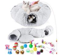 Odoland Cama de túnel para gatos con 20 juguetes para gatos, sofá de felpa para interiores, túnel desmontable para gatos y dona de juguete suave para gatitos, muebles acogedores para gatos, color gris