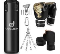 Odoland Kit de Sacos de Boxeo 6-en-1 Sin Relleno para Hombres y Mujeres, 120 cm Bolsa Pesada de Kick Boxing Carga hasta 68 kg con Guantes de Boxeo de 12 oz, Vendajes y Cadenas, Negro