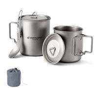 Odoland Maceta y Tazas de Titanio - 750 ml y 420 ml, Taza de Café Con Tapa y Tenedor, Mango Plegable para Camping, Senderismo, Viajes y Mochileros