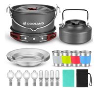Odoland Utensilios Cocina Camping con Olla, Sartén, Hervidor de Camping, Plato, Tazas de Acero Inoxidable y Cubiertos Plegables, Kit de Cocina para Cocinar al Aire Libre