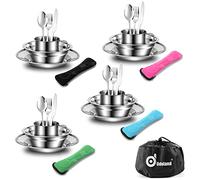 Odoland Vajilla de Acero Inoxidable 29-en-1, Cubiertos y Platos Kit de Picnic con Placa Tazon Tenedor Cuchara Cuchillo y Bolsa de Red, Kits de Vajilla para 4 Persona, Kit de Picnic Camping Viajes