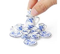 Odoria 1/12 Miniatura 15PZ Conjunto de Tazas de Té Porcelana con Chintz Azul Cocina Accesorio para Casa de Muñecas