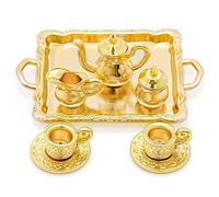Odoria 1/12 Miniatura 8PZ Antiguo Juego de Té de Té Dorado Cocina Accesorio para Casa de Muñecas