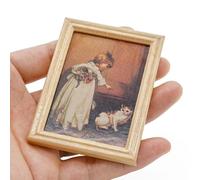 Odoria Casa de Muñecas Marco de Fotos: Escala 1/12 Miniatura Papel Pintura al Óleo Pared para Salón Dormitorio Galería Victoriana Vintage - Mini Arte Antiguo Madera Chica y Gato