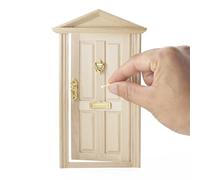 Odoria Casa de Muñecas Puerta Panel: 5Pzs Escala 1/12 Miniatura Entrada hacia Adentro para Hada Jardín Rústico - Mini Llamador Cerradura y Ranura de Correo - Pequeña Mueble No Pintado Tejado en Punta