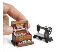 Odoria Miniatura Máquina de Coser Costurero: 1/12 Escala Caja de Costura Madera para Cuarto de Costura - Mini Casa de Muñecas Vintage Retro