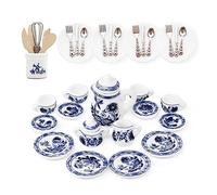 Odoria Miniaturas Escala 1/12 Conjunto de Tazas de Té 15Pzs Accesorios Casa de Muñecas con 16Pzs Platos Cubiertos Vajilla y Utensilios Cocina Miniatura, Loto Azul