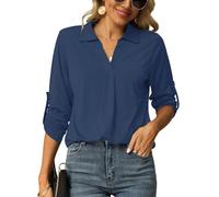 Odosalii Blusa para mujer, cuello en V, elegante, manga 3/4, túnica, camiseta larga, Azul marino., XL