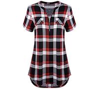 Odosalii Blusa tipo túnica a cuadros para mujer con cremallera y cuello en V y estampado floral, camiseta polo de manga larga y corta, XL
