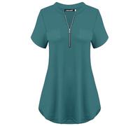 Odosalii Blusa tipo túnica a cuadros para mujer con cremallera y cuello en V y estampado floral, camiseta polo de manga larga y corta, 1s-3Teal Blue, M