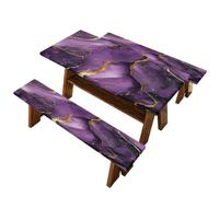 Odot Juego de 3 Piezas Mantel Antimanchas, Impresión en 3D sobre Mármol Elásticos Mesa, Mantel de Ajustado y Fundas de Asiento para Parque Picnic Camping Patio Exterior (Morado Dorado B,S)